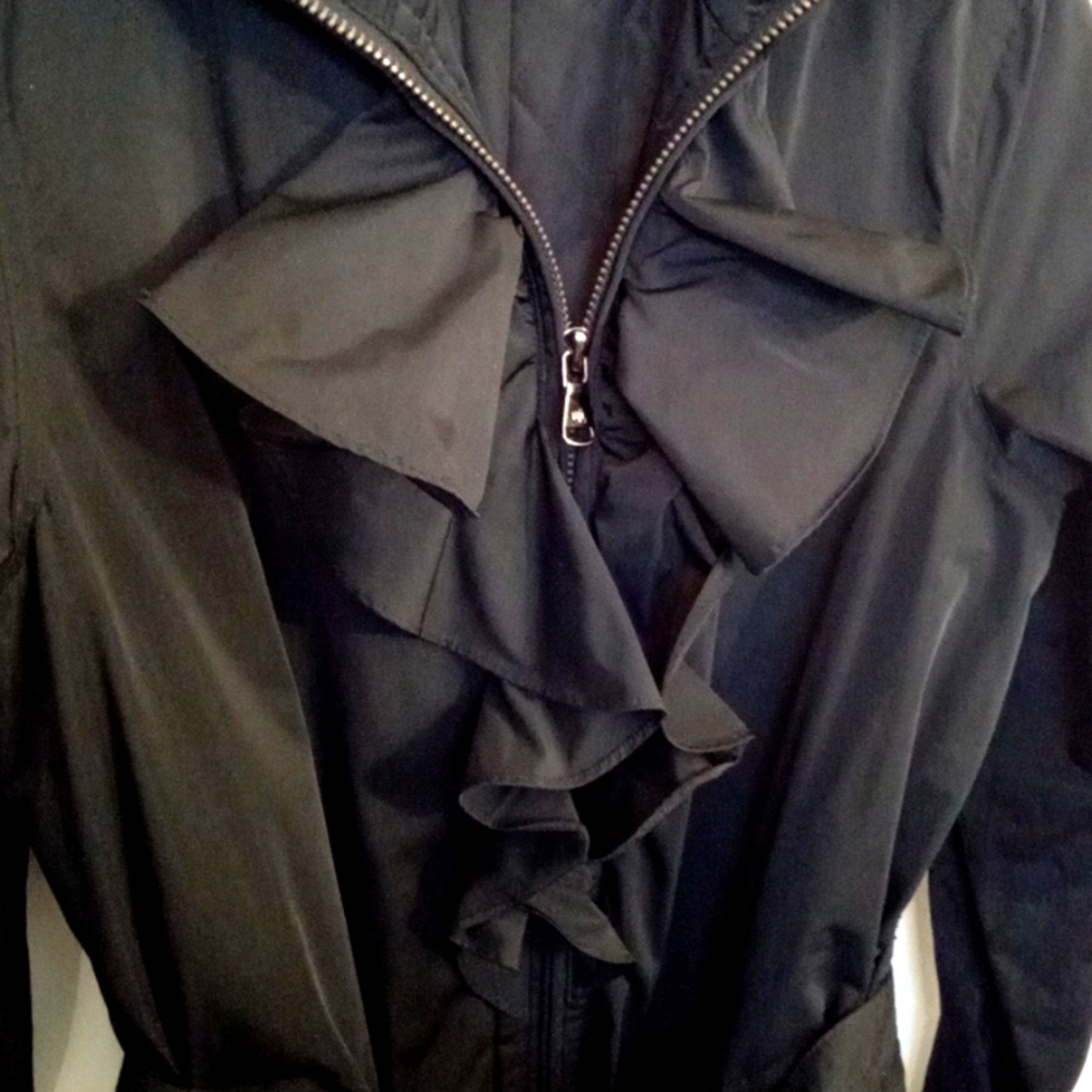 Ralph Lauren Women's Black Trench Coat with Ruffle Detail & Tie Belt Medium